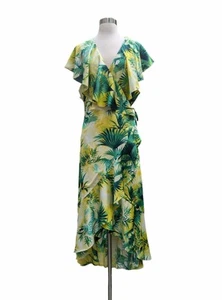INC Dress Wrap Green Yellow Floral Ruffle Asymmetrical Lined Chiffon PLUS XXL - Picture 1 of 9