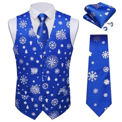  Mens Christmas Suit Vest and Tie Set for Men Waistcoats and Large Blue Silver - Image 1 of 4
