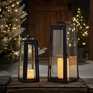 Set of Two Black Metal Battery Operated LED Flameless Candle Lanterns Lights - Picture 1 of 7