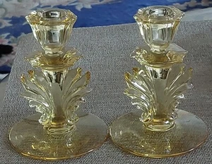 PAIR 1940'S FOSTORIA BAROQUE YELLOW TOPAZ CANDLESTICKS - Picture 1 of 15