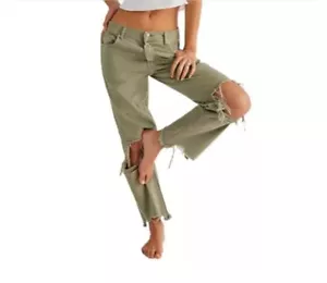 We the Free People 32 grüne Maggie Jeans Distressed Straight Button Fly ausgefranst - Bild 1 von 11