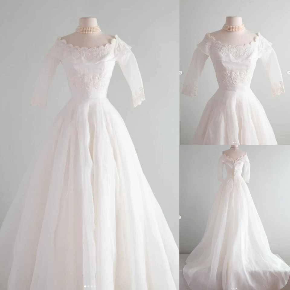 Vintage Wedding Dresses Elegant 1950s Lace Off Shoulder Retro Ivory Bridal Gowns - Image 1 of 4