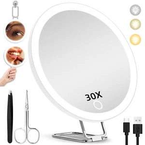 30X Magnifying Mirror with Light 6" Makeup Mirror Suction Cups Adjustable Stand - Picture 1 of 7