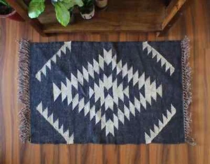2x3 Ft Handwoven Kilim Door mat Wall Decor Tapestry Indian Accent Navy Blue Rugs - Picture 1 of 4