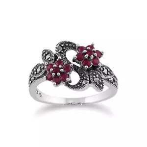 Estilo Art Nouveau Redondo Rubí Y Marcasita Flor Anillo En 925 Plata de Ley - Imagen 1 de 4
