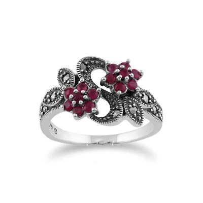 Art Nouveau Stile Rotondo Rubino E Marcasite Fiore Anello IN 925 Argento - Immagine 1 di 4