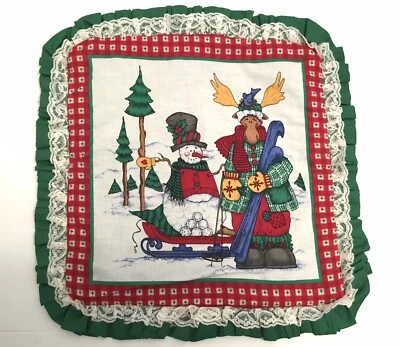 Vintage Xmas Handmade Pillow Cover Winter Snowman Moose Ski Farmhouse - Image 1 of 4