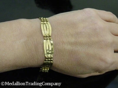 Custom 14k Solid Yellow Gold Bead Flat Bar Link Bracelet 11mm Wide 7.3 grams IOT - Image 1 of 4