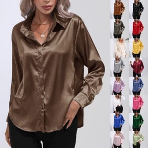 Womens Satin Silk Plain Shirt Ladies Casual Baggy Button-up OL Work Blouse Tops - Picture 1 of 105
