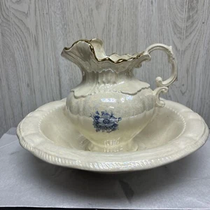 Vintage Arnel’s Pitcher and Basin Bowl Irredentist Pearl Gold Trim Blue Floral - Picture 1 of 12