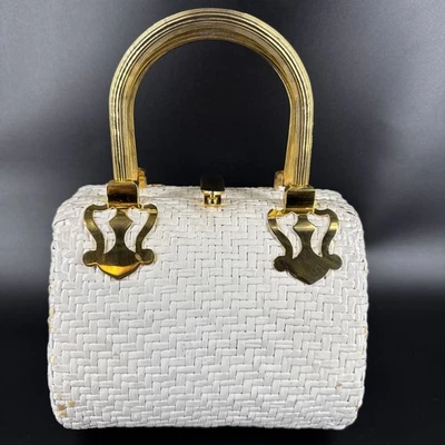 Vintage KORET White Woven Wicker Barrel Bag Brass Handles & Clasp - Image 1 of 4