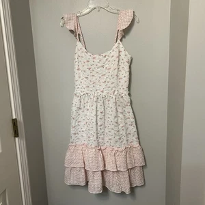Umgee SunDress Size M Pink Floral Check Flutter Sleeve Adjustable Straps EUC - Picture 1 of 10