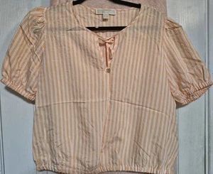 Michael Kors Women’s Short Sleeve Striped Orange White Blouse Tie size L NWOT - Picture 1 of 5