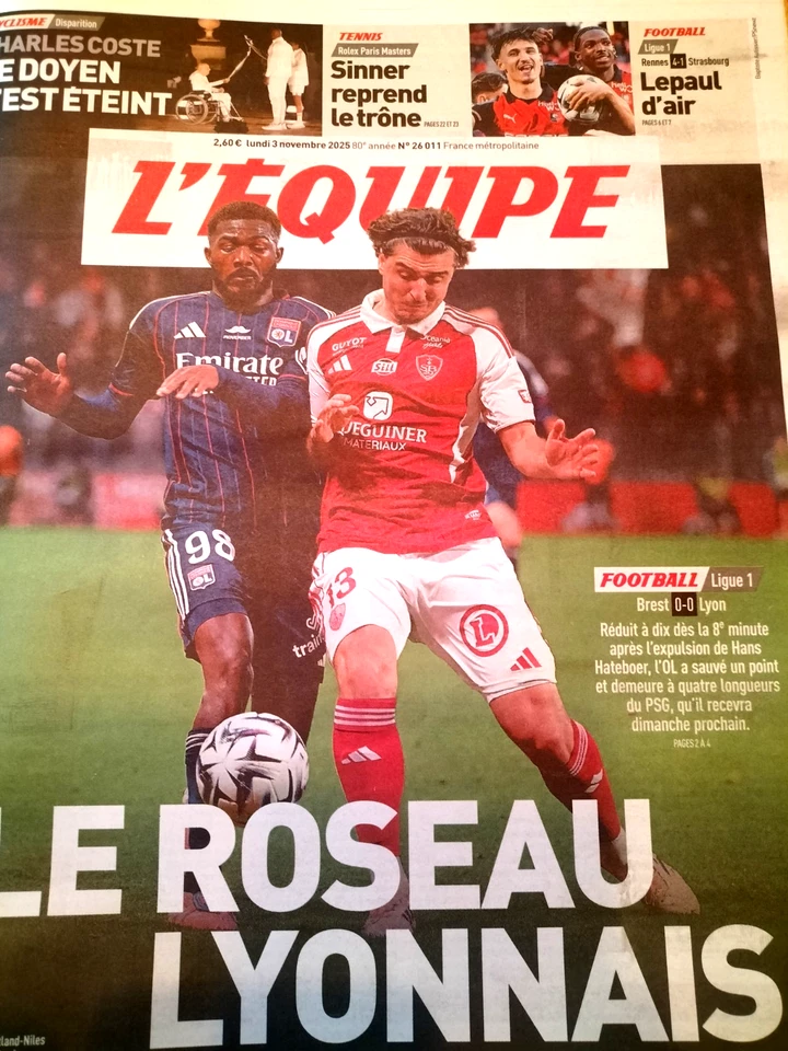 L'EQUIPE 3 novembre 2025- BREST 0-0 LYON, RENNES 4-1 STRASBOURG, NANTES 0-2 METZ - Image 1 of 4