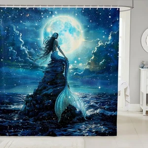 Mermaid Ocean Theme Shower Curtain,Glitter Starry Sky Bathroom Curtain,Moonli... - Picture 1 of 7
