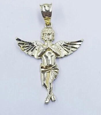 Real 10k Yellow Gold Praying Angel Charm Diamond Cut Guardian Angel Pendant - Image 1 of 4