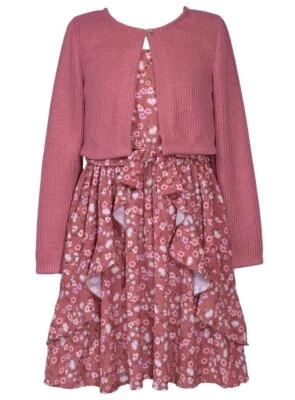 NUEVO Conjunto de Vestido Suéter Cárdigan Bonnie Jean Niñas Talla 16 "ROSA FLORAL CREPE" NUEVO CON ETIQUETAS Foto 1 de 4