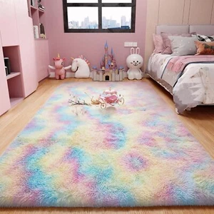 4x6 Rainbow Fluffy Rug, Non-Slip Carpet for Bedroom Kids Dorm - Picture 1 of 6