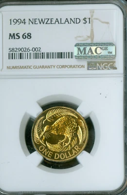 1994 NEW ZEALAND DOLLAR NGC MS68 MAC 2ND FINEST MAC SPOTLESS  * - Image 1 of 2