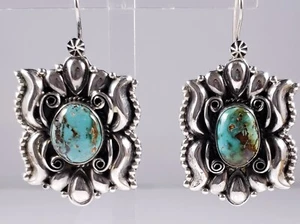 Derrick Gordon Navajo Sterling Silver Handmade Dangle Earrings Kingman Turquoise - Picture 1 of 4