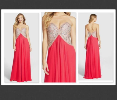 NEW $375 Terani Couture Embellished Bodice Strapless Chiffon Gown Coral‎ Size  8 - Image 1 of 4