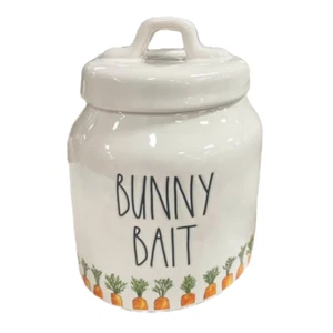 Rae Dunn "BUNNY BAIT" 7" x 4.25" Ceramic Canister Jar Carrots Decoration New! - Picture 1 of 2
