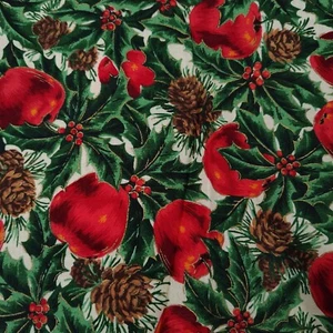 Vintage Cranston Cotton Fabric 32in  Green Red Christmas Apple Holly Pinecones - Picture 1 of 7