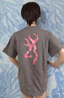 全新带标签 BROWNING 灰色带粉色迷彩 Buckmark 标志短袖 T 恤,尺寸 M — 第 1/2 张图片