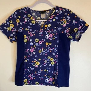 Cherokee Scrub Top Medical Uniform Navy Floral Mock Wrap Small - Picture 1 of 8