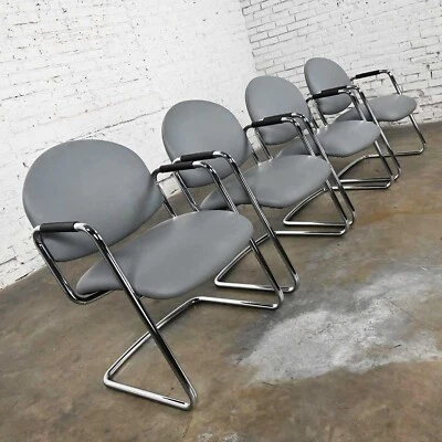 Modern Steelcase Chrome Tube Cantilever Base & Gray Faux Leather Chairs set of 4 - Image 1 of 4