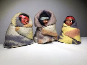 Vintage Lot Of 3 Skookum Indian Native American Doll ~ Wrapped In Blanket - Picture 1 of 22