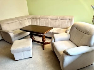 Polstermöbel mit Sessel Hocker & Tisch Polstergarnitur Creme Kunstwildleder - Bild 1 von 7