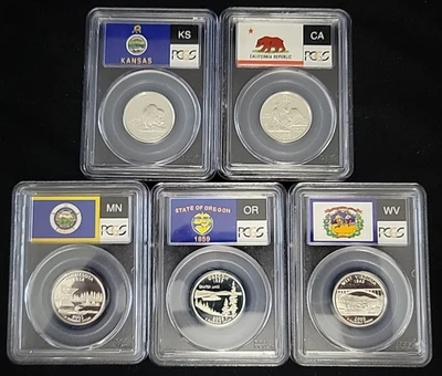 Juego de cuartos de dólar S Silver Proof State 2005 25C graduación profesional PR69DCAM | Etiquetas de bandera | Juego de 5 Foto 1 de 4