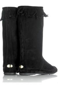 Jimmy CHOO WAVE Black Suede Fringed Gold Logo Moccasin Boots EU 39 I LOVE SHOES - Picture 1 of 11