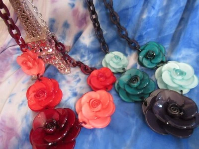 Acrylic Lucite Camellia Flowers Necklace Red or Blue Tone Flowers Statement Mode - Image 1 of 4