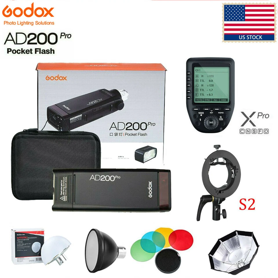 US Godox AD200pro TTL HSS Flash+S2 Bracket+AD-S7 Grid Softbox+Xpro Trigger Kit - Image 1 of 4