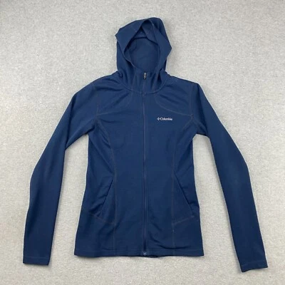 Moletom com capuz Columbia feminino pequeno S azul marinho zíper completo malha leve bolsos furos para polegar - Imagem 1 de 4