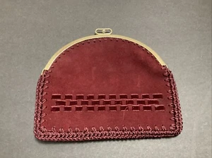 Vintage Neiman Marcus Made in Spain BOHO Wine Suede Leather Gold Frame Clutch - Picture 1 of 10