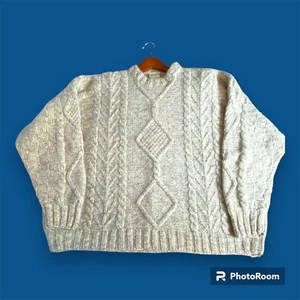 Handknit Wool Sweater Carraig Donn Size 48 Oatmeal Beige Fisherman Aran Islands - Picture 1 of 9