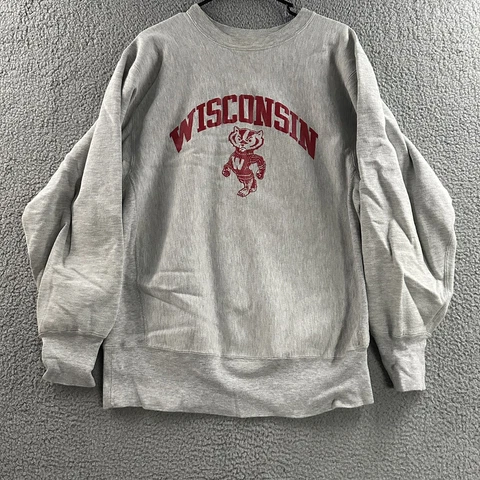 Wisconsin Badgers Mens Sweatshirt Gray Size Large Champion Reverse Weave Vintage Cover