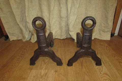 Antique Lithgow Cast Iron Keyhole Fireplace Andirons Mission Style #2172 Cover