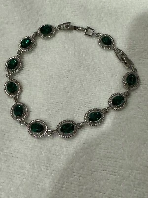 Women Cubic Zircon Dark Green Color Silver tone Bracelet Size 7"L x .3"W - Image 1 of 4