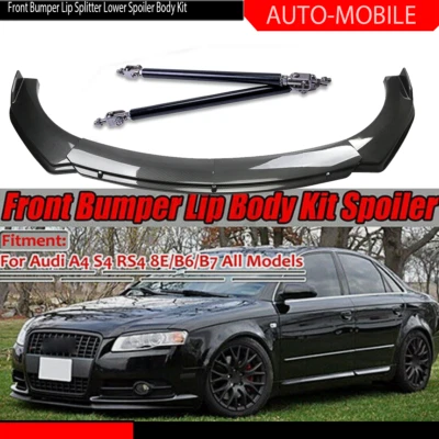 For Audi A4 S4 A5 8E B6 Carbon Fiber Style Front Bumper Lip Spoiler+Strut /Rods - Image 1 of 4