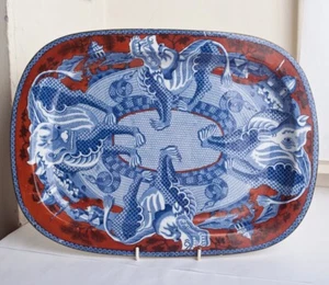 Antique c19th Blue & White Transfer Dragon Snake Cobra Meat Plate/Platter Red - Picture 1 of 12