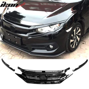 Fits 16-21 Honda Civic 10th Gen Mesh Front Bumper Hood Grille Grill Gloss Black - Picture 1 of 6
