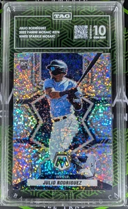 Julio Rodriguez (RC) 2022 Panini Mosaic #274 Rookie White Sparkle Prizm TAG 10 - Picture 1 of 2