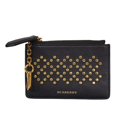 NUEVO $345 BURBERRY Cuero Negro DORADO TACHONADO Cremallera Bolsa CARTERA TARJETERO NUEVO SIN ETIQUETAS Foto 1 de 4