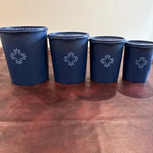 Vintage TUPPERWARE 4 PIECE DARK BLUE Nesting CANISTER SET W/lids - Picture 1 of 12