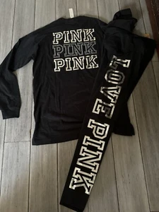 Victoria Secret Pink Bling Rhinestone Campus Tee Shirt + Leggings Set Black S ❤️ - Picture 1 of 9
