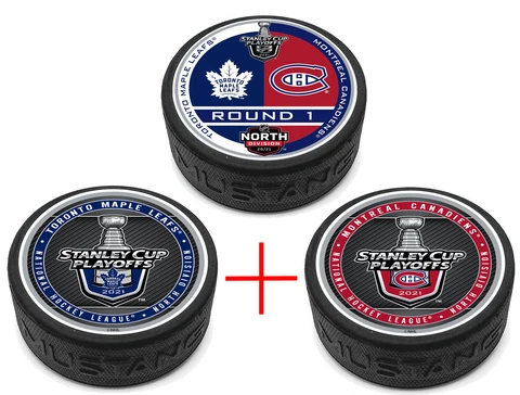 2021 Stanley Cup Playoffs Canadiens vs Leafs Textured Raised Letters 3 Puck PKG Cover